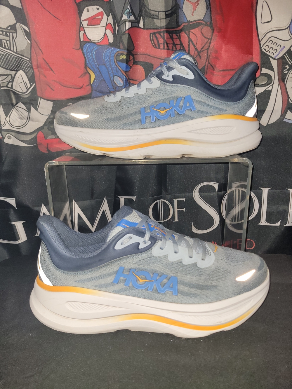 Hoka Bondi 9 Running Shoes in Blue with Yellow Accent